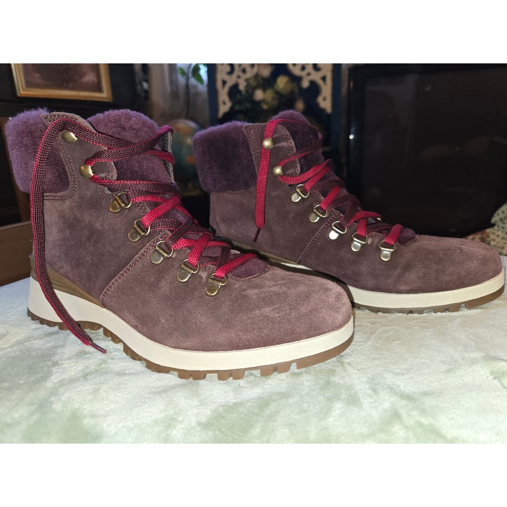 Bionica Diablo All Weather Suede Hiking Boots Plum Burgundy Faux Fur Trim Women